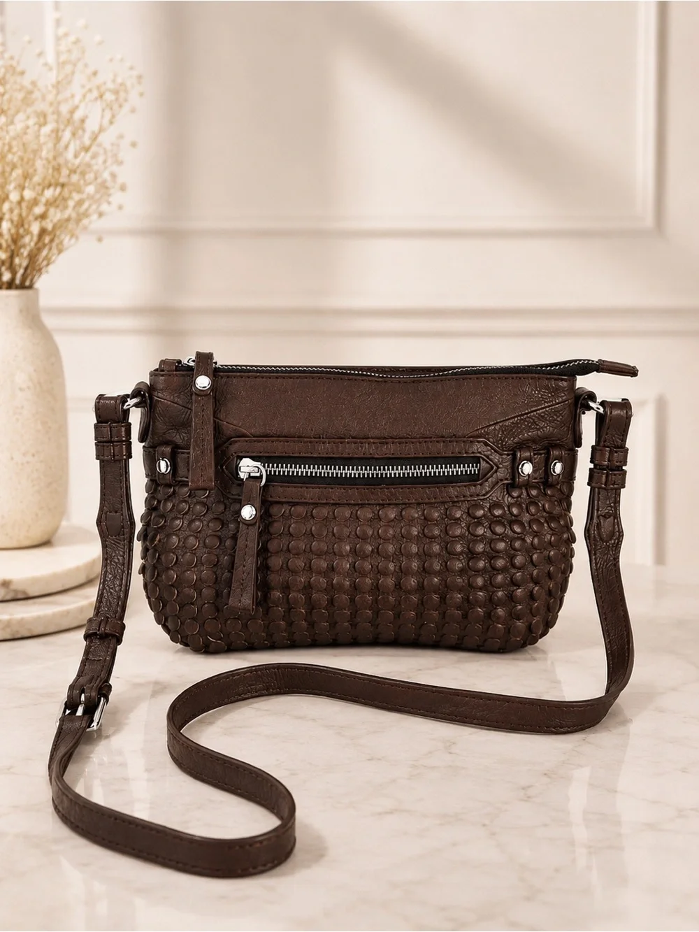 orYANY Brown Woven Leather Crossbody Shoulder Bag Front Zip Silver Hardware